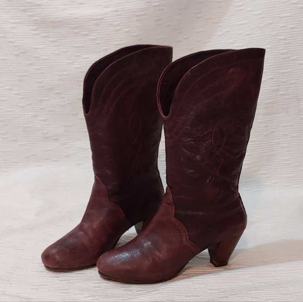 Frye Burgundy Leather Mid-Heel Lisa Stitch Pull On Western Boots Size 5.5